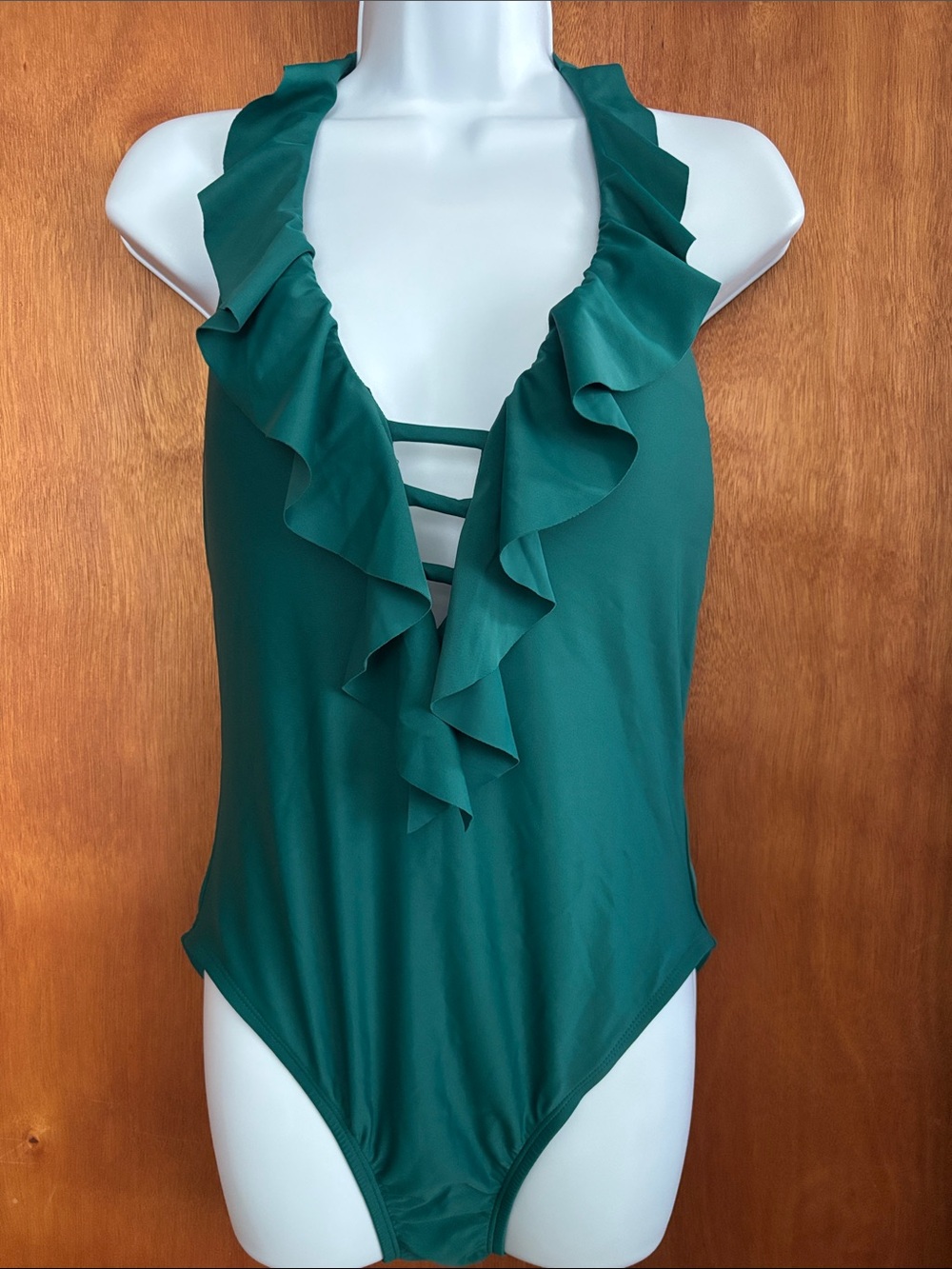 Blue Rod Beattie: Ruffled Deep V One-Piece Swimsuit - Emerald Green